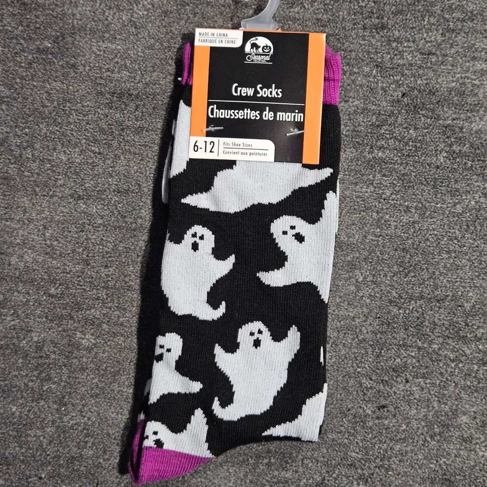 Seasonal Collection Halloween Ghost Crew Socks Black Purple Mens Shoe Size 6-12